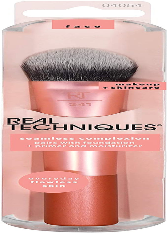 Real Techniques Seamless Complexion Makeup Brush, Four Foundation, Primer, and Moisturizer, Makeup & Skincare Face Brush, Streak-Free and Natural Finish, Orange, 1 Count
